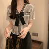 Cardigan Tejido Nuevo Delgado de Verano 2026 con Rayas Blancas y Negras y Cuello en V, Top Pequeño Elegante de Manga Corta para Mujer