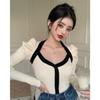 Francês Elegante Outono e Inverno Design Moda Puff Manga Slim-fit Slimming Manga Longa T-shirt Malha Nicho Spice Girl Top