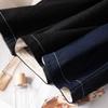 Calça jeans casual chique japonesa de algodão com linha decorativa brilhante, bolso lateral grande, corte solto que afina, cintura semi-elástica escura, perna reta