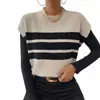 Suéter Feminino 2026 com Toque de Luxo, Tricô Listrado Color Block de Verão, Suéter Colete Retrô Gola Redonda, Manga Curta Tricotada