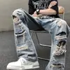 Calças novas 2023 estilo vibe high street americano Jeans rasgados bonitos estilo rufia europeu e americano Calças de mendigo retrô americanas masculinas