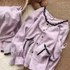 Pijama Roxo de Bolinhas com Renda Doce Estilo Coreano Cardigã de Manga Longa Calça Longa Conjunto de Duas Peças Roupa de Casa Primavera e Outono
