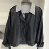 Camisa de Rayas Estilo Retro Occidental Estilo Hong Kong Chaqueta de Cuero para Mujer Primavera y Otoño 2025 Nueva Chaqueta Coreana de Dos Piezas Falsas