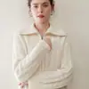 ¡Elegante tejido de punto trenzado con un cuello grande! Suéter de cachemira para mujer de otoño e invierno con cuello camisero, corte holgado, adelgazante y top versátil