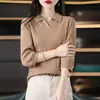 Colección Otoño 2025 Transfronteriza Camisa Base de Punto de Algodón con Cuello Polo y Manga Tres Cuartos para Mujer, Holgada, Adelgazante