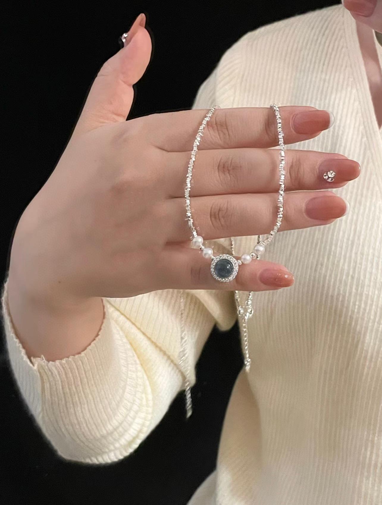 s925纯银碎银子海蓝宝吊坠锁骨链手工编织天然淡水