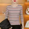 Camisa Básica de Manga Longa com Listras Retrô para Comércio Exterior Transfronteiriço, Moda Fashion para Mães de Meia-Idade e Idosas, Top Versátil Estiloso que Rejuvenesce