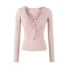 Camiseta Feminina de Estilo Maduro Leve com Decote V Profundo e Manga Longa, Camisa Básica Slim Fit, Novo Top Tendência Justo para a Primavera