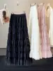 Falda larga de malla abullonada estilo suave para mujer, otoño, cintura alta, fluida, holgada, plisada, línea A, estilo pastel