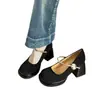 Sapatos de Salto Alto Mary Jane Estilo Francês 7cm Modelo Novo 2026 com Strass, Camurça, Tira Única, Salto Grosso, Bico Fino, Sapatos de Couro