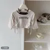 Garota Legal Estilo Coreano! Blusa Cropped de Duas Peças Falsas com Cordão Outono Slim Fit Camisa de Base com Letras