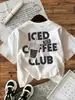 Top casual de verano para mujer con estampado a doble cara, estilo sencillo, con un elemento de etiqueta de taza de café helado, cuello redondo, manga corta
