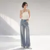 Jeans rectos estilo coreano Yizhi para mujer, pantalones largos anchos de pierna ancha lavados vintage de cintura alta para otoño, pantalones casuales versátiles para mujer