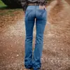 Calça Jeans Feminina Europeia e Americana Stretch Bordada Flare Slim-Fit Longa Azul Cinza Jeans Feminino