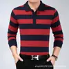 Camiseta de manga larga para hombre de primavera y otoño, holgada, con solapa, a rayas, para usar debajo, bolsillo real, talla grande, top casual para hombre