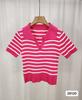 Camiseta de Verano para Mujer con Cuello Polo, Rayas, Tejido de Seda Helada, Manga Corta, Delgada, Moldeadora, Versátil, Cuello en V, Hombro, Top Sencillo