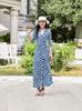 Vestido Cruzado de Verano con Patrón de Cuadrícula Azul Cuello POLO Encanto Simple y Generoso Manga Elegante de Siete Puntos Vestido con Cordones