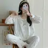 Novedad Otoño 2026 Conjunto de Pijama y Ropa de Casa Cómoda de Algodón Nube para Mujer, Estilo Princesa, con Cuello de Encaje y Lazo de Doble Capa