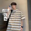 Playera de Manga Corta con Bolsillo a Rayas para Hombre, Estilo Verano Hong Kong, Marca Trendy Holgada, Estilo Chino, Manga Corta de Algodón Pesado