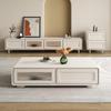 Conjunto de Mesa de Centro Estilo Creme e Rack de TV, Mesa de Centro Simples de Ardósia para Sala de Estar, Rack de TV com Pés Altos, Armário Lateral, Mesa de Centro Quadrada