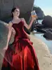 Vacaciones en la Costa Sirena Vintage Ji Volante Rojo Volante Vestido de Tirantes Vestido de Cumpleaños Cóctel
