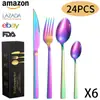Novo conjunto de talheres de aço inoxidável com cabo quadrado Amazon para exportação, 24 peças, faca, garfo e colher, faca, garfo e colher para bife ocidentais banhados a titânio