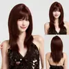 Estilo Menina Picante Europeia Cabelo Liso Castanho-Avermelhado de Comprimento Médio Mechas de Cabelo de Simulação Femininas Cobertura Completa da Cabeça Peruca Diária