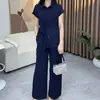 Conjunto de verão feminino estilo casual retrô, novo conjunto de duas peças redutor de medidas com top de manga curta com cadarço e calça pantalona de cintura alta