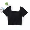 Camiseta de cintura alta para mujer, expone el ombligo, manga corta, copa, una pieza, cuello cuadrado, ropa interior, top ajustado con base y almohadilla de soporte