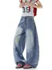 Calça Jeans Scimitar Bordada Estrela de Dopamina para Mulheres e Homens, Calça Wide-Leg Vintage Desgastada de Primavera, Calça Casual Solta Versátil