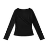Camiseta Sexy de Cuello en V Cruzado de Manga Larga para Mujer, Top Casual de Estilo Simple, Camiseta Básica de Color Sólido