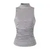 26 Verano Nuevo Estilo Europeo y Americano Top sin Mangas de Cuello Semi Alto Fruncido para Mujer, Estilo Chica Caliente, Color Sólido, Corte Ajustado, Top Elástico sin Mangas