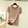 Camiseta casual feminina estilo coreano para primavera e verão, cor sólida nova, estilo preguiçoso, gola redonda elegante, manga curta, corte solto, simples