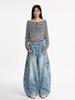 Roupas Femininas de Seda Laranja # Jeans Scimitar Azul Retrô Americano para Mulheres, Calças Cargo Wide-Leg Vintage Lavadas de Outono com Bolsos Grandes