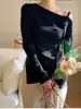 Chic coreano 2026 otoño e invierno nuevo top de punto sin hombros irregular de manga larga ajuste ceñido top para mujer 19223
