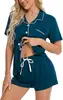 Toma Real de Nuevo Conjunto de Pijama Cardigan de Estilo Europeo y Americano Transfronterizo, Conjunto Casual de Ropa de Casa para Mujer con Solapa, Conjunto de Dos Piezas con Pantalones Cortos y Manga Corta