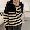 Suéter Pulôver Gola Lapela Listrado com Zíper Chegada Nova Outono e Inverno Estilo Coreano Moda Feminina Versátil Solto Preguiçoso