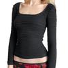 Camiseta feminina europeia e americana de manga comprida, gola quadrada plissada, slim fit, estilo Y2K, sexy, Spice Girl, cintura justa, 3536
