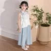 Novo Conjunto de Moda Nacional Estilo Chinês para Meninas, Novo Conjunto de Duas Peças com Top Sem Mangas Melhorado + Calças de Pernas Largas para Crianças, Hanfu Fino