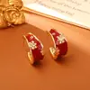 Brincos de Argola C com Flor de Zircônia e Esmalte Estilo Vintage com Toque de Luxo, Brincos da Moda Elegantes para Outono/Inverno, Joias Estilo Ins