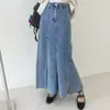 Enviado Coreia chique retrô desfiado cintura alta saia midi jeans evasê feminina