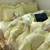 Juego de cama de gasa de doble capa estilo coreano para niña de cuatro piezas, funda de edredón de encaje estilo princesa, sábana, sábana bajera, juego de cama 4