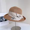 Sombrero de Pescador con Lazo Estampado de Tinta Estilo Chino para Mujer Verano Protección Solar Sombrero de Paja Sombrero de Playa Costero Nuevo Sombrero de Cubeta Estilo Chino
