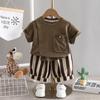 Traje Deportivo de Manga Corta con Cuello para Niños Nuevo Verano 2025 Conjunto Casual de Dos Piezas a Rayas Verticales para Bebé Dropshipping