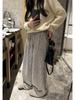 Calça Larga Casual Baishuwang Estilo Tweed Seda Brilhante Sarja Chenille Cordão Cintura Alta Engrossada para Mulheres no Outono e Inverno