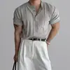 Suéter de Punto de Manga Corta Estilo Vintage Americano con Cuello Henry para Hombre, Camiseta de Moda Versátil Casual para Verano
