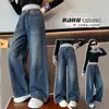 Roupas infantis para meninas, calças retas jeans para primavera e outono, novo estilo de outono 2026, calças jeans largas casuais da moda para meninas
