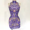 Vestido Curto de Verão Sem Mangas com Strass Brilhante para Mulheres Festa Baile Casamento Aniversário Vestido Performance de Cantora