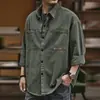 Chamarra Camisa de Trabajo para Hombre Primavera y Otoño Talla Grande Holgada Moderna Casual Top Cardigan Color Sólido Chaqueta con Solapa para Hombre