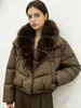 Chaqueta Corta de Algodón Melard Starry Sparkle con Cuello Grande de Piel de Zorro para Mujer, Cintura Elástica, Abrigo Acolchado Engrosado para Mujeres Pequeñas